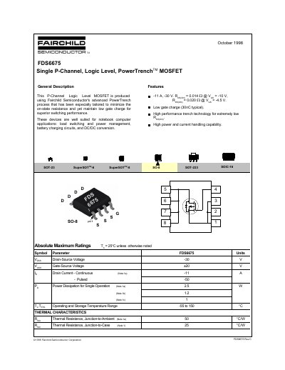 Fairchild Semiconductor FDS6675 P-Channel MOSFET Datasheet - cover page