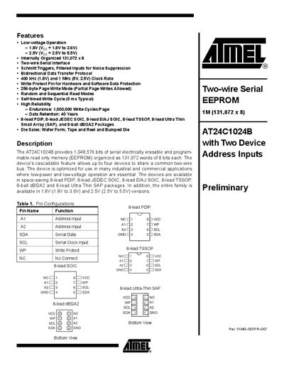 Atmel AT24C1024B Two-wire Serial EEPROM Preliminary Manual - cover page