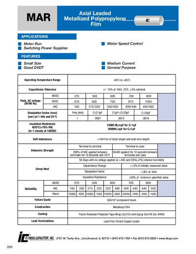 MAR Axial Leaded Metallized Polypropylene Film Datasheet - cover page