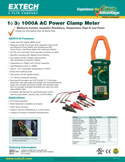Extech 380976-K 3-Phase True RMS Power Clamp Meter Kit Ordering Information - cover page
