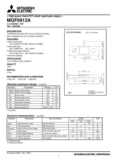 Mitsubishi Electric MGF0912A GaAs FET Datasheet - cover page