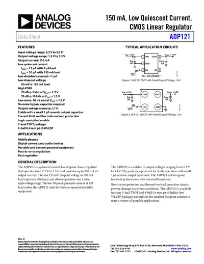 Analog Devices ADP121 Linear Regulator Datasheet Handbook Rev E - cover page