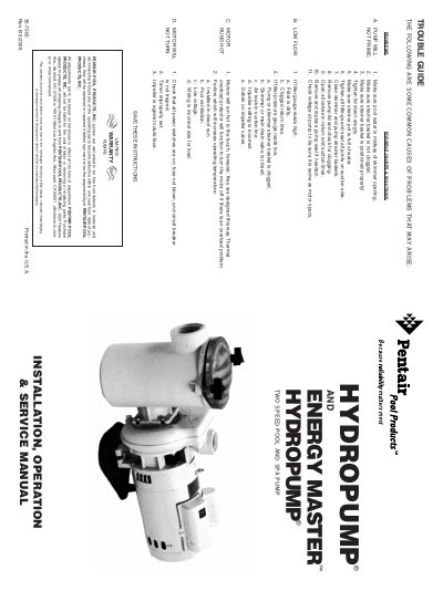Pentair HYDROPUMP and ENERGY MASTER HYDROPUMP Installation, Operation & Service Manual - cover page