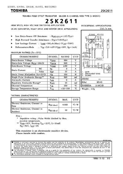 Toshiba 2SK2611 N-Channel MOSFET Datasheet - cover page