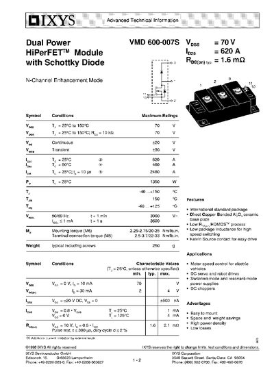 IXYS VMD600-007S Dual Power HiPerFET Module Datasheet - cover page