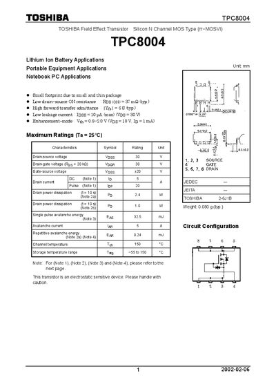Toshiba TPC8004 Datasheet - cover page