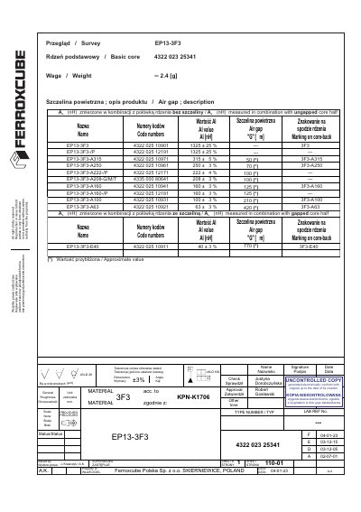 Ferroxcube EP13-3F3 Magnetic Core Datasheet - cover page