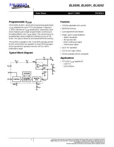 Intersil EL9200/EL9201/EL9202 Programmable Vcom Amplifier Datasheet - cover page