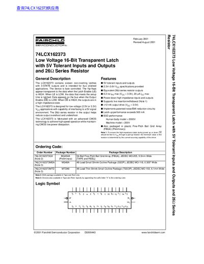 Fairchild Semiconductor 74LCX162373 Low Voltage 16-Bit Transparent Latch Datasheet - cover page