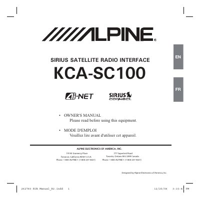 Alpine KCA-SC100 Sirius Satellite Radio Interface Owner's Manual - cover page