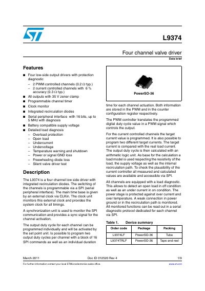 STMicroelectronics L9374 Four Channel Valve Driver Datasheet