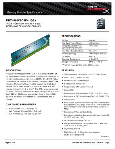 Kingston KHX1866C9D3K4/16GX Memory Module Datasheet