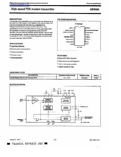 Philips NE5080 High-speed FSK Modem Transmitter Datasheet - cover page
