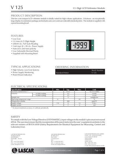 Lascar V125 3½ Digit LCD Voltmeter Module Manual - cover page