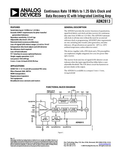 Analog Devices ADN2813 Clock and Data Recovery IC Datasheet - cover page