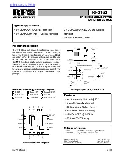 RF Micro Devices RF3163 3V 900MHz Linear Power Amplifier Module Datasheet - cover page