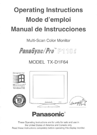 Panasonic PanaSync/Pro P110i Monitor Manual - cover page