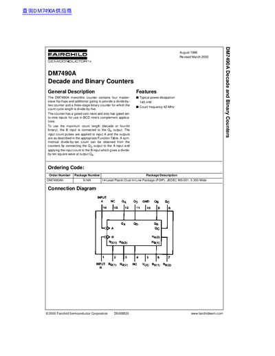 Fairchild DM7490A Decade and Binary Counter Datasheet - cover page