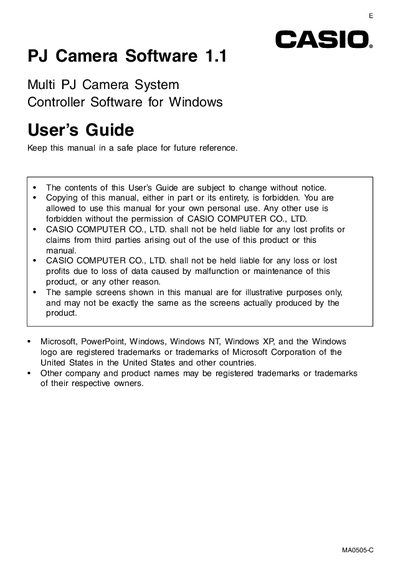 Casio PJ Camera Software 1.1 User's Guide - cover page