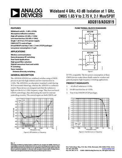 Analog Devices ADG918/ADG919 Wideband Switch Datasheet - cover page