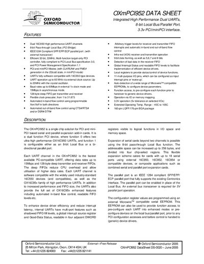 Oxford Semiconductor OXmPCI952 Datasheet - cover page