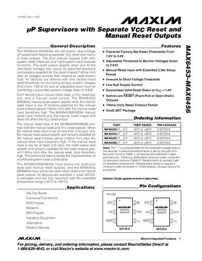 Maxim MAX6453-MAX6456 uP Supervisor Datasheet - cover page