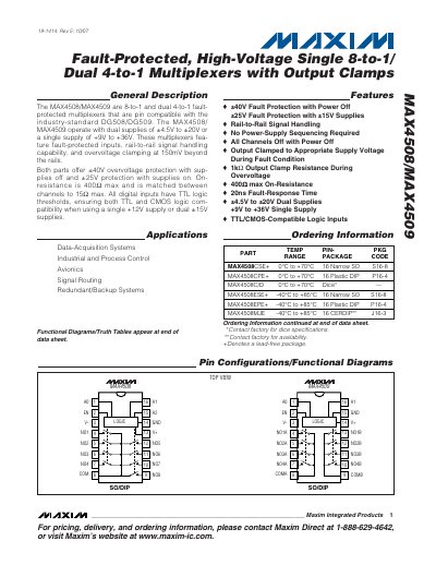 Maxim MAX4508/MAX4509 Fault-Protected High-Voltage Multiplexer Data Sheet - cover page