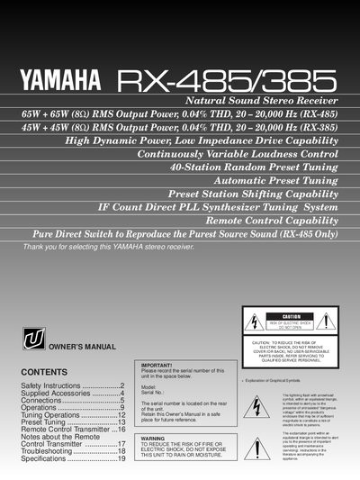 Yamaha RX-485/RX-385 Stereo Receiver Owner's Manual - cover page