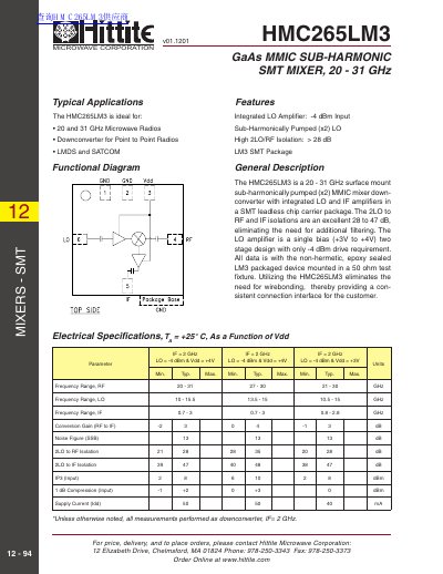 Hittite Microwave Corporation HMC265LM3 Sub-Harmonic SMT Mixer Datasheet
