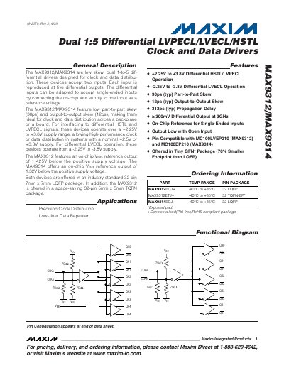 Maxim MAX9312/MAX9314 Dual 1:5 Differential LVPECL/LVECL/HSTL Clock and Data Drivers Datasheet - cover page
