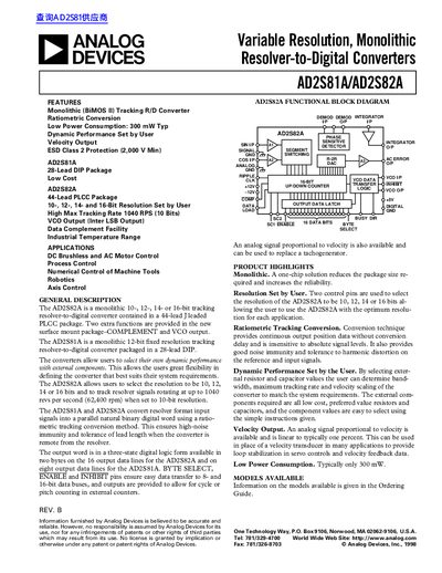 Analog Devices AD2S81A/AD2S82A Variable Resolution Resolver-to-Digital Converter Datasheet - cover page