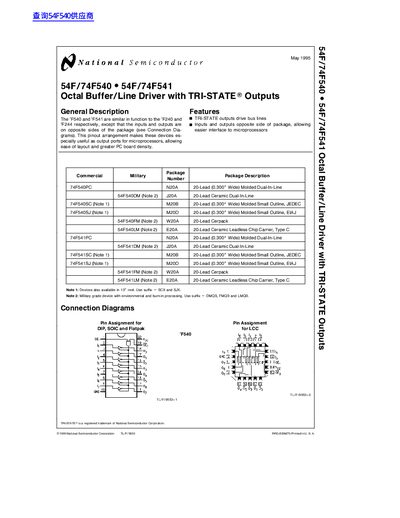 Nationl semiconductor 54F/74F540 # 54F/74F541 Octal Buffer/Line Driver with TRI-STATE Outputs handbook - cover page