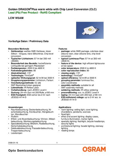 OSRAM LCW W5AM LED Datasheet - cover page