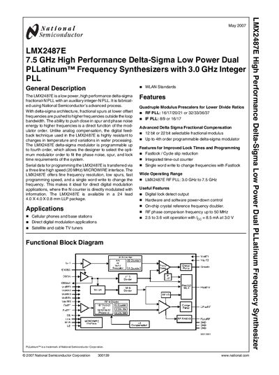 National Semiconductor LMX2487E High‑Performance Delta‑Sigma PLL Datasheet - cover page