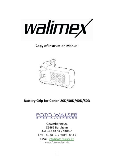 walimex Battery Grip for Canon 20D/30D/40D/50D User Manual - cover page