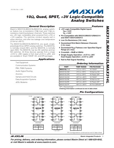 Maxim MAX312L/MAX313L/MAX314L Analog Switch Datasheet - cover page