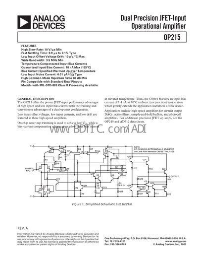 Analog Devices OP215 Dual Precision JFET‑Input Operational Amplifier Datasheet - cover page
