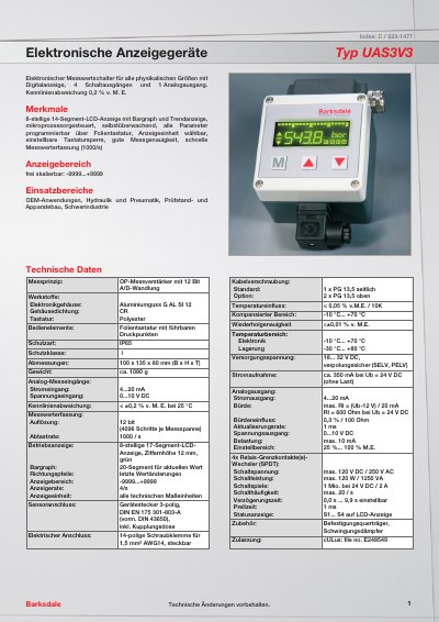 Barksdale UAS3V3 Electronic Indicating Device Data Sheet - cover page