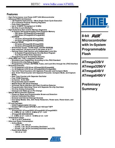 Atmel ATmega329/ATmega3290/ATmega649/ATmega6490 Datasheet - cover page
