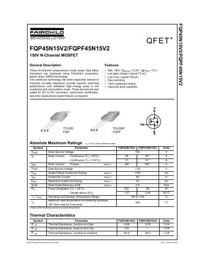 Fairchild Semiconductor FQP45N15V2/FQPF45N15V2 150V N-Channel MOSFET Datasheet - cover page