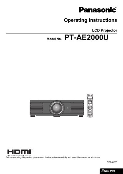 Panasonic PT-AE2000U LCD Projector Operating Instructions - cover page