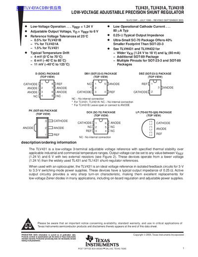 Texas Instruments TLV431 Adjustable Voltage Reference Datasheet - cover page