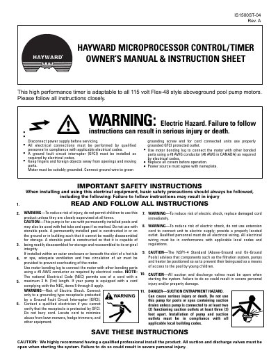 Hayward IS1500ST-04 Microprocessor Control Timer Owner's Manual - cover page