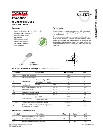 Fairchild FDA38N30 N-Channel MOSFET Datasheet - cover page
