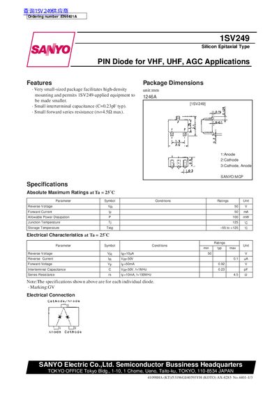 SANYO 1SV249 Silicon Epitaxial Type PIN Diode Datasheet - cover page