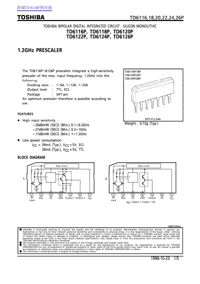 Toshiba TD6116P~6126P 1.2GHz Prescaler Datasheet - cover page