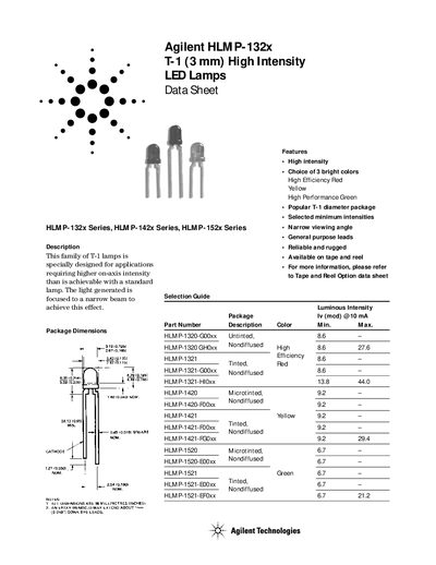 Agilent HLMP-132x T-1 (3 mm) High Intensity LED Lamps Data Sheet - cover page