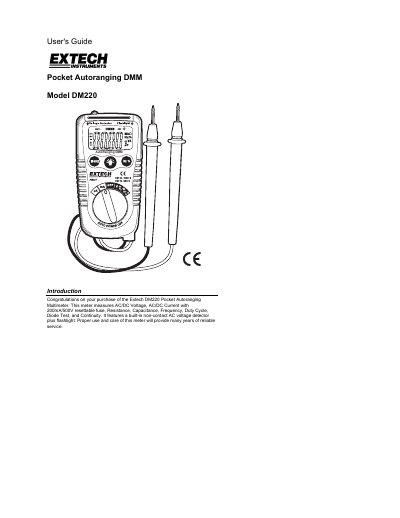 Extech DM220 Pocket Autoranging Multimeter User Guide - cover page