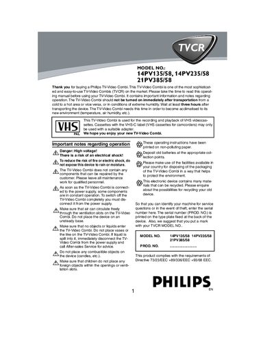 Philips 14PV135/58, 14PV235/58, 21PV385/58 TV-Video Combi User Manual - cover page