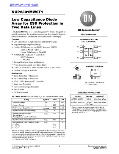 ON Semiconductor NUP2301MW6T1 Low Capacitance Diode Array Datasheet - cover page